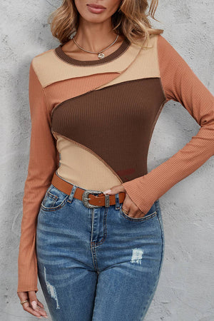 Brown Exposed Seam Color Block Ribbed Knit Top
