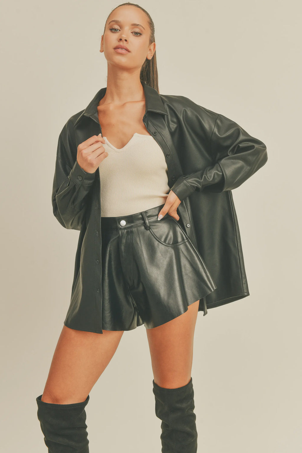 Long Sleeve Pleather Button Down Top