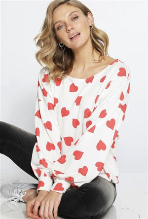 Puff Sleeve Tie Front Red Heart Pullover