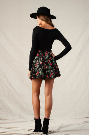 Black Floral Button Front Skirt