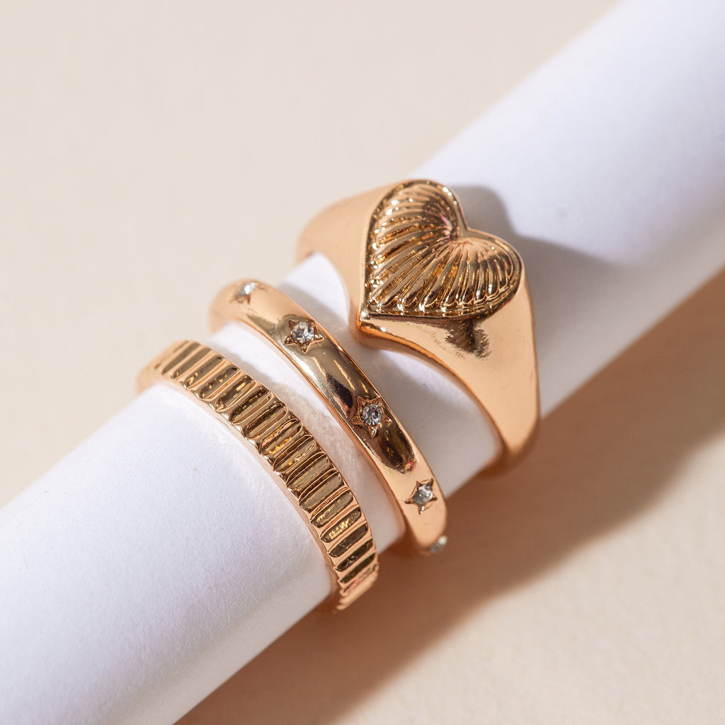 Gold Set of 3 Heart and Stars Rings