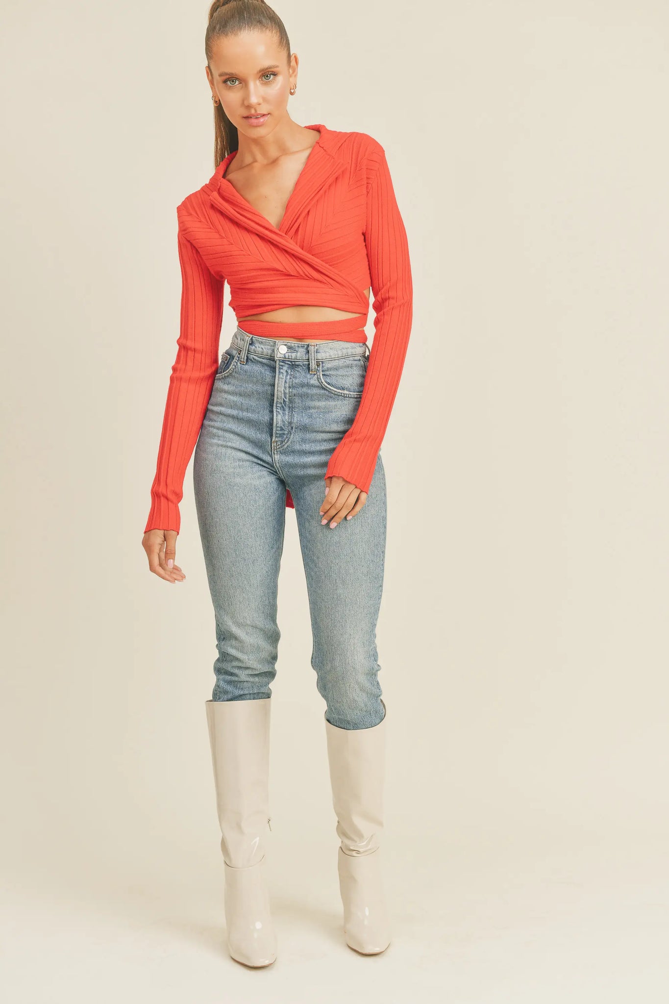 Red Sweater Knit Wrap Crop Top
