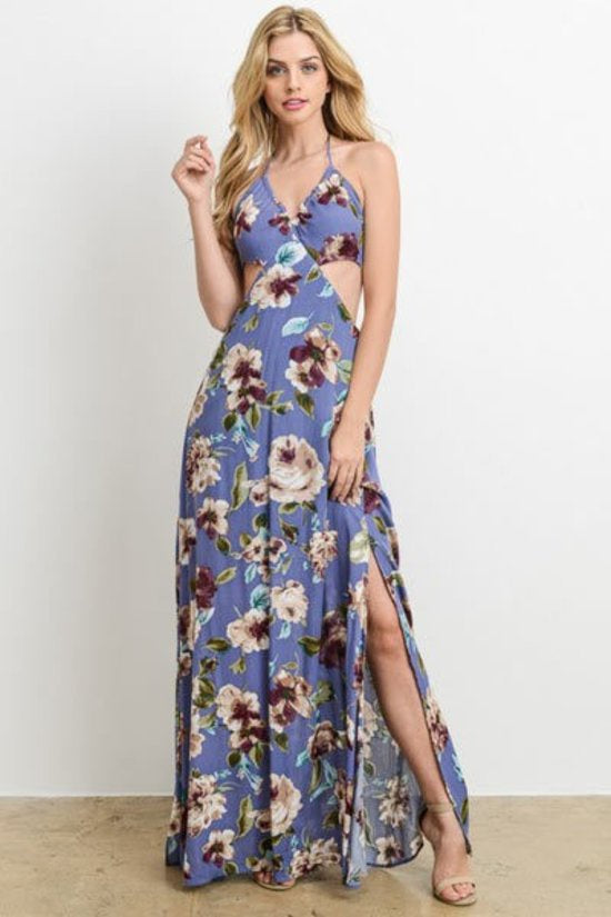 Violet Floral Halter Maxi Dress