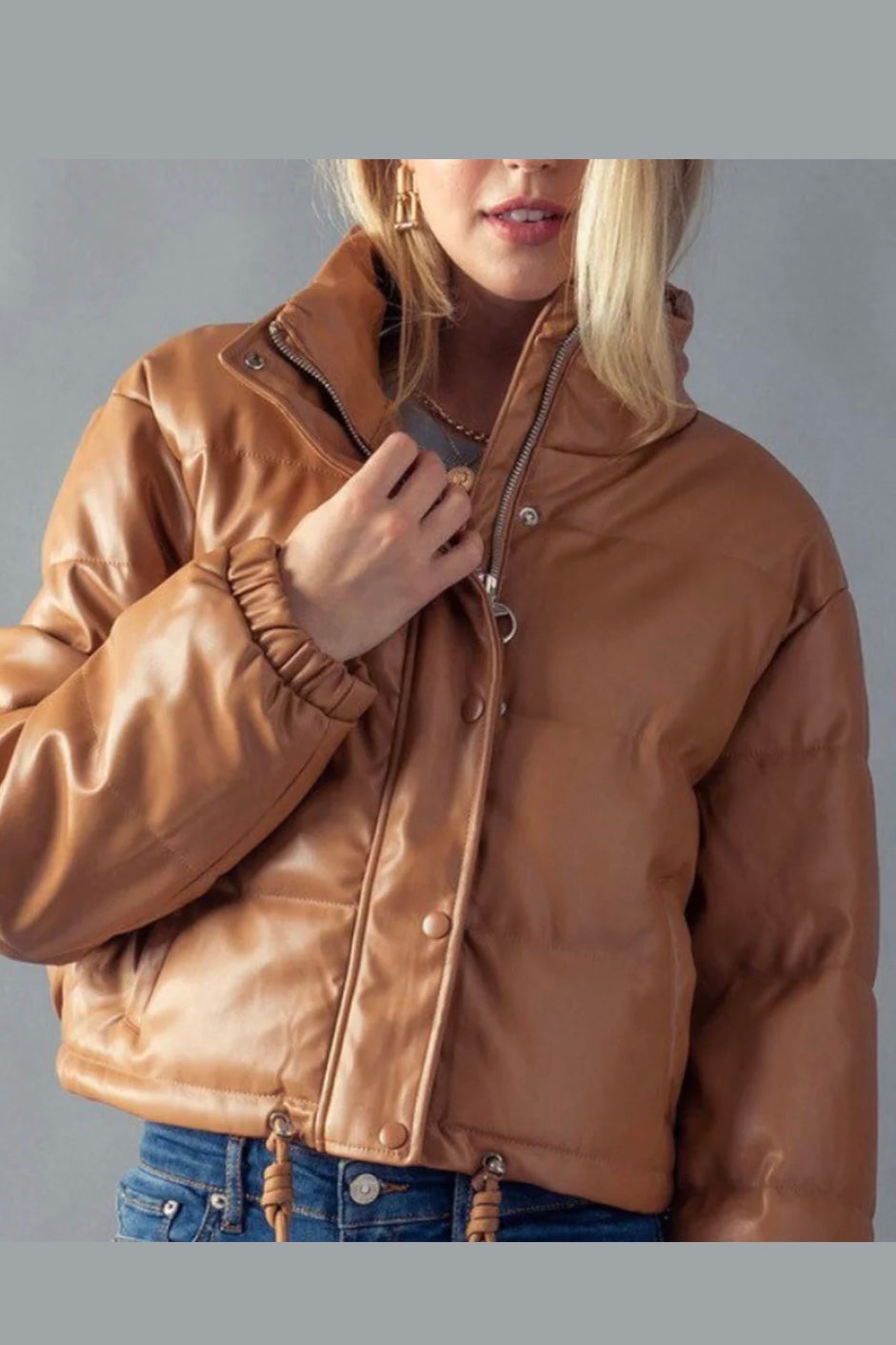 Camel Faux Leather Short Crop Puffer Jacket