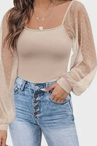 Beige Puffy Sheer Sleeve Square Neck Top