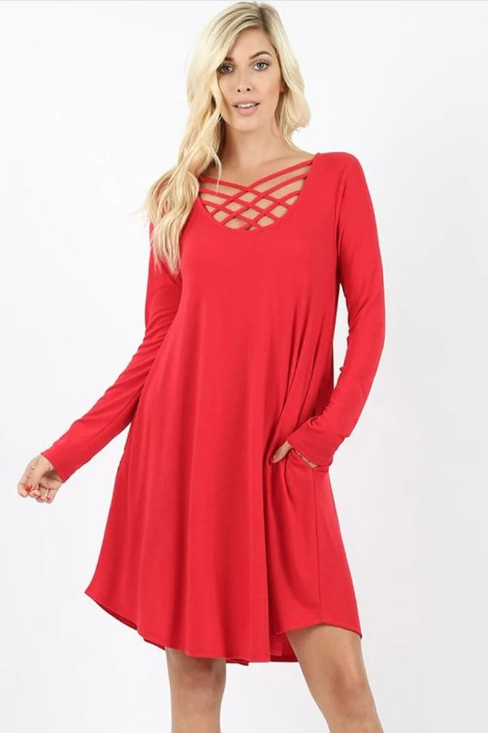 Red Lattice Front Basic Dress