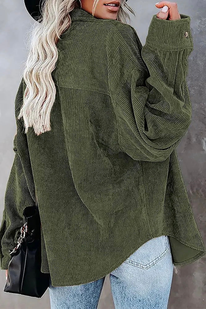 Army Green Button Front Corduroy Shacket