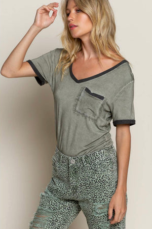 Olive V-Neck Contract Sleeve Ringer Tee