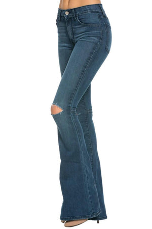 Dark Denim Flare Jeans with Slit Knee