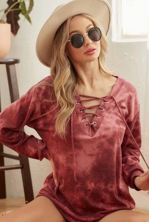Burgundy Lace Up Tie Dye Pullover