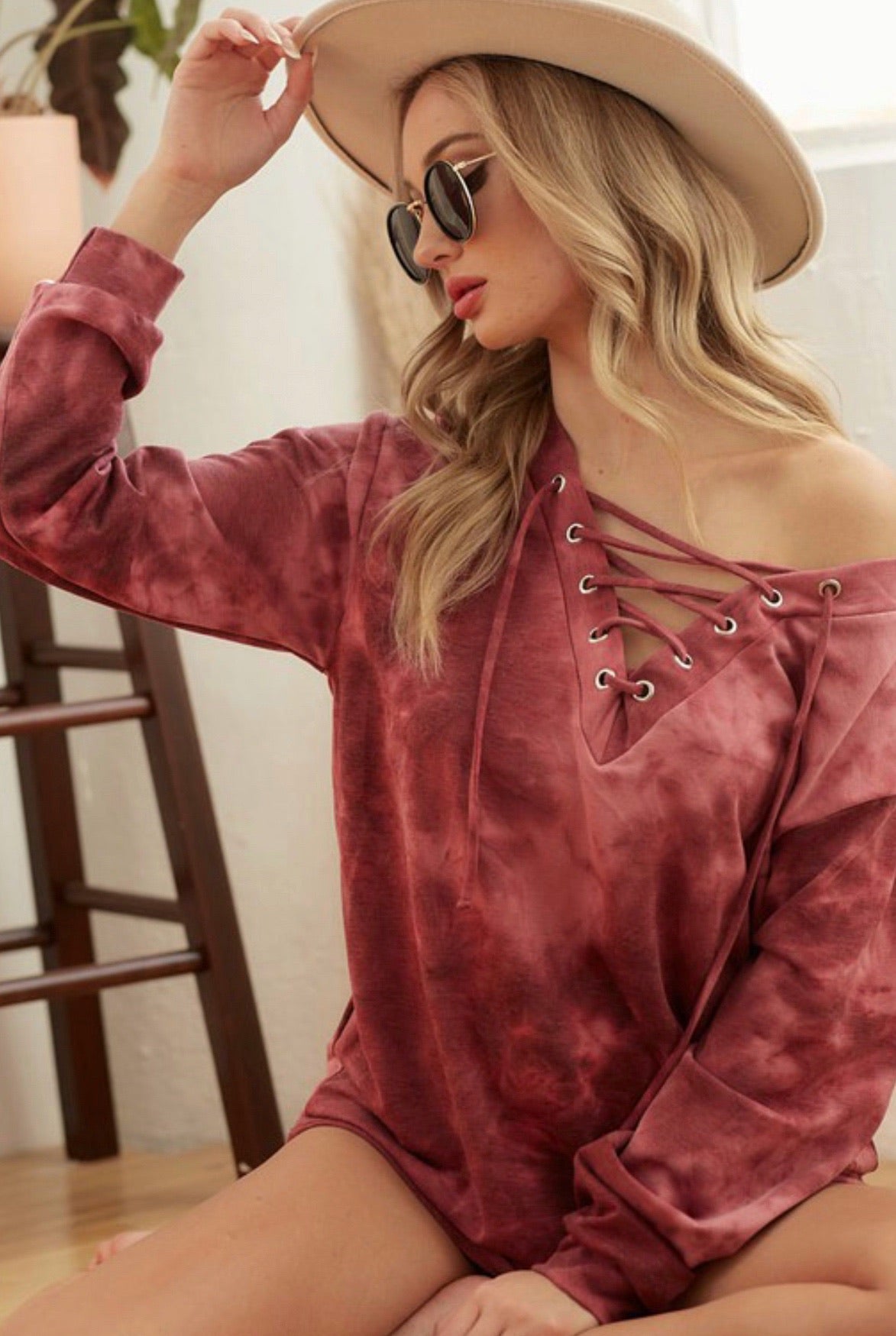 Burgundy Lace Up Tie Dye Pullover