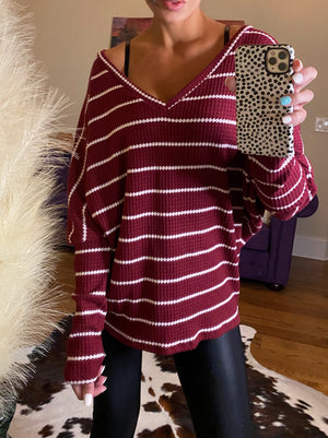 Waffle Knit Stripe Top with Puff Sleeves