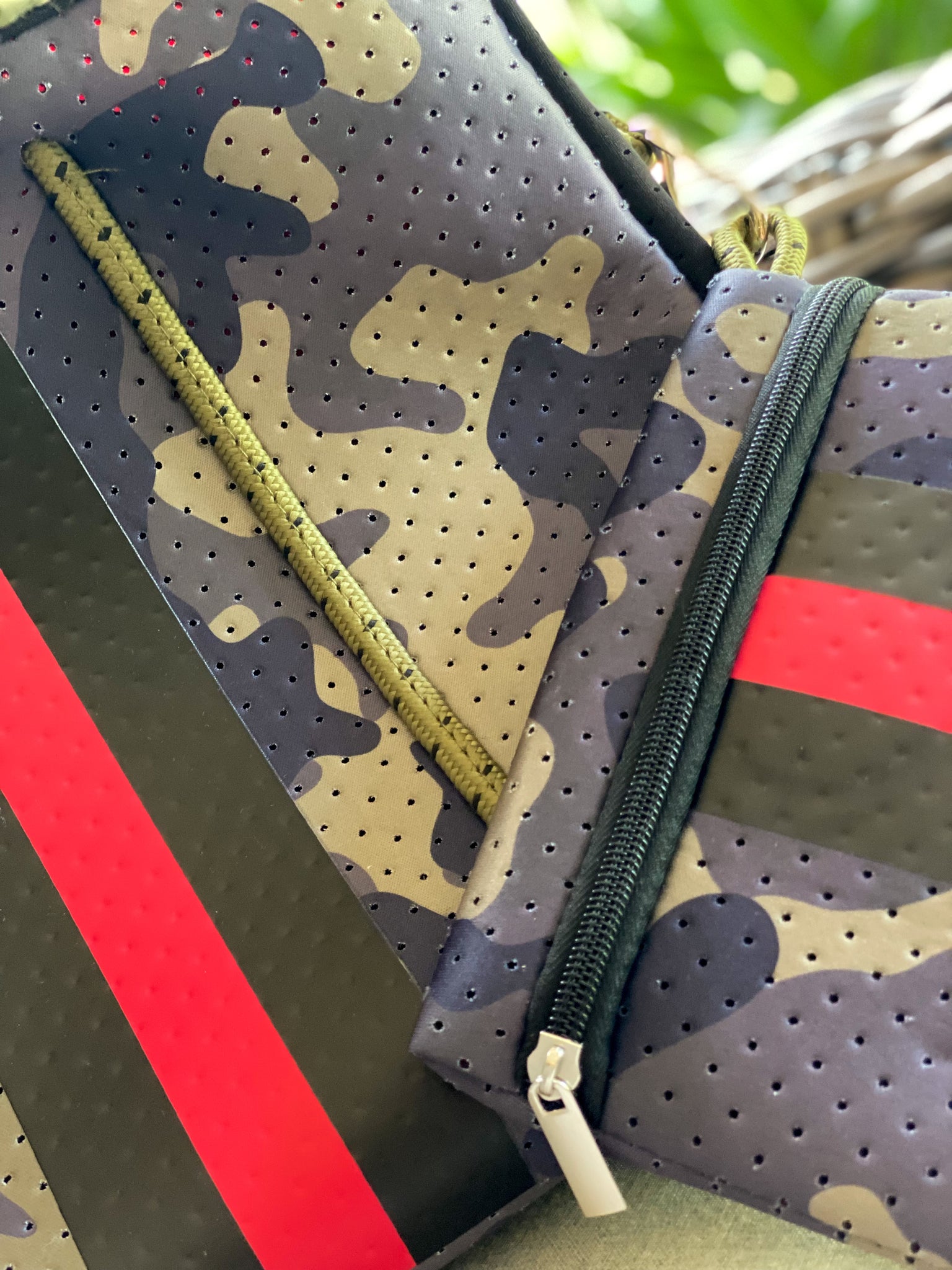 Green Camouflage with Red Stripe Neoprene Tote