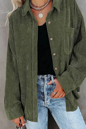 Army Green Button Front Corduroy Shacket