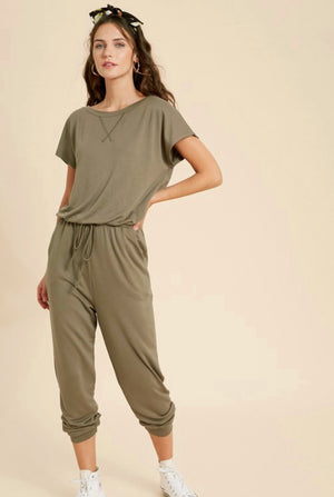 Olive Knit Short Sleeve Jumpsuit