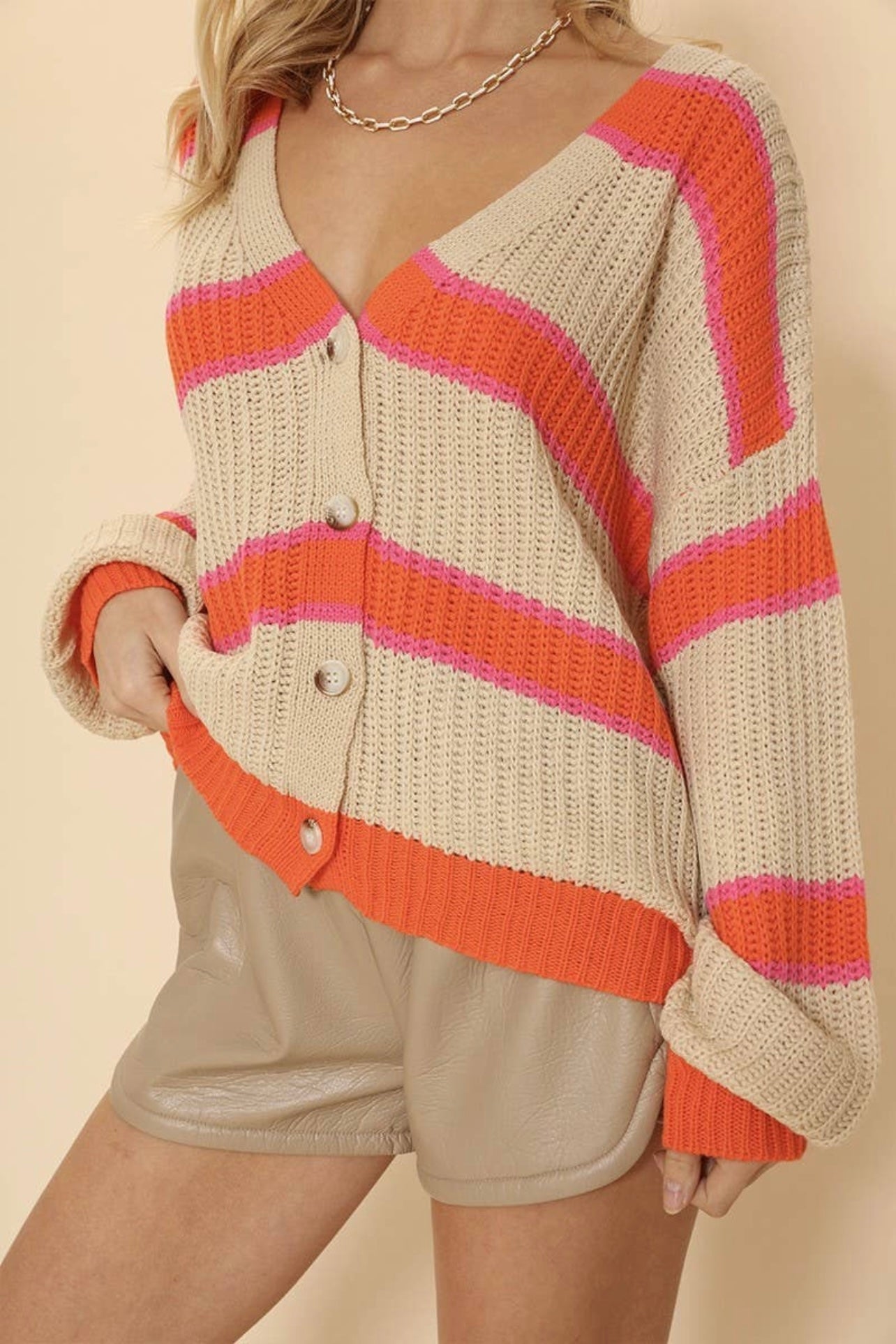 Button Front Striped Cardigan