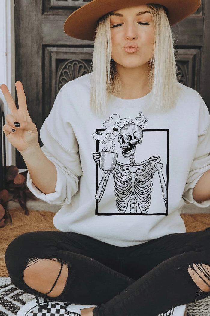 Skeleton with Coffee Graphic Sweatshirt