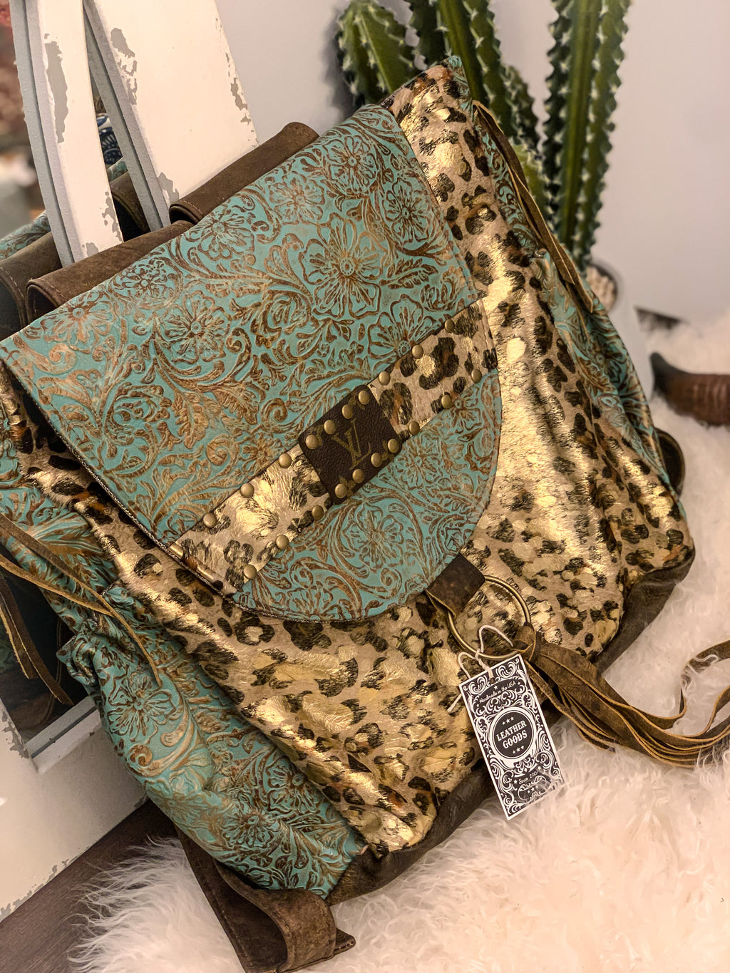 Gold Acid Leopard Hide Turquoise Paisley Rosie Backpack