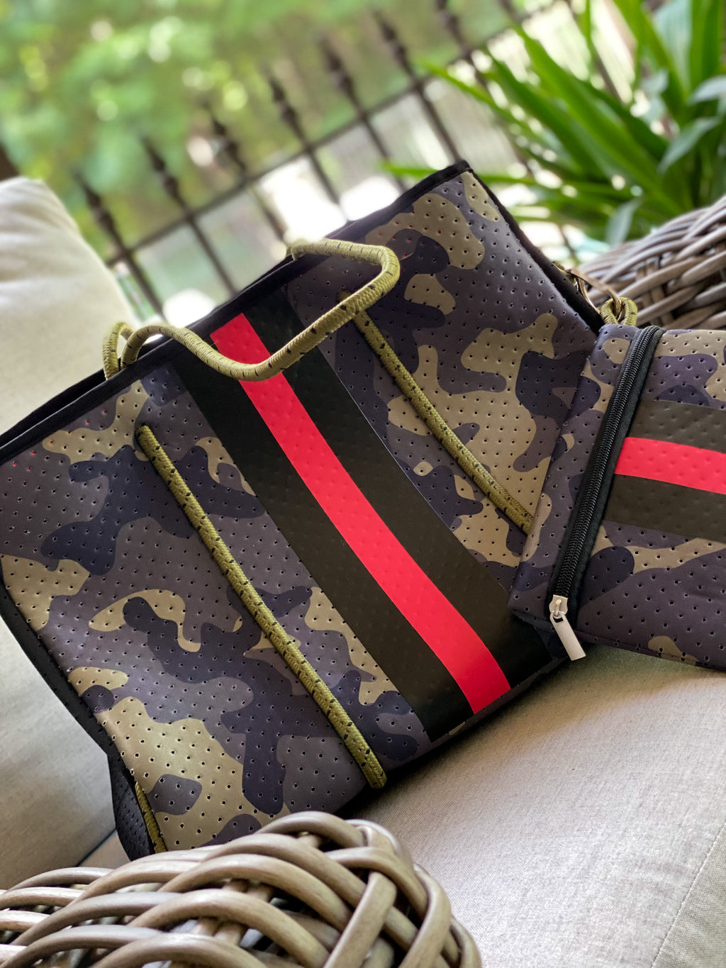 Green Camouflage with Red Stripe Neoprene Tote